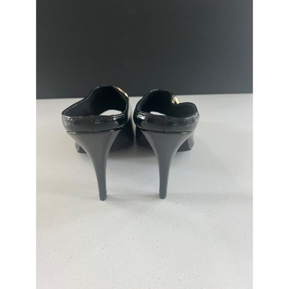 JEFFREY CAMPBELL CHEEKY O PEEP TOE BLACK PATENT HEELS SLIDE SIZE 9.5 - Picture 6 of 9